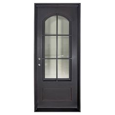 a black door with glass on the top and side panels, in front of a white background