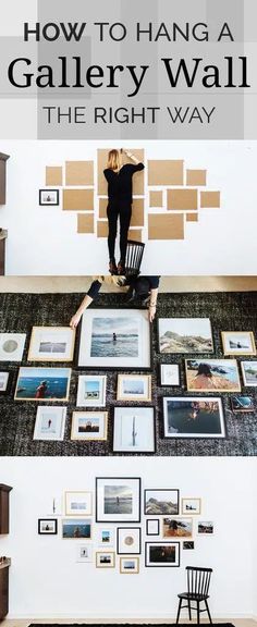 a woman standing on top of a table in front of a wall covered with pictures