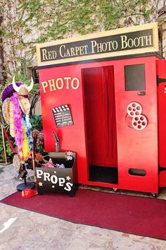 a red booth that has some decorations on it