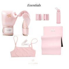 the contents of a woman's pink outfit and accessories are shown in this image