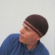 "I hand crocheted this 8\" long beanie with soft brown cotton and accented it with stripes of rust cotton and hemp yarn...this will fit (or stretch to fit) most average size heads (21\"- 23\" in circumference)- please contact me if you would like a custom size. 8\"= 20.32 centimeters long 21\"- 23\"= 53.34- 58.42 centimeters in circumference this hat was made with care, attention to detail and nice quality cotton yarn which will keep you warm but also breathes and is very comfortable- your beani Brown Cotton Beanie Hat, Bohemian Brown Beanie, Fitted Brown Crochet Hat, Fitted Brown Crochet Hat Casual, Fitted Brown Crochet Hat, Casual Style, Casual Fitted Brown Crochet Hat, Bohemian Brown Yarn Beanie, Bohemian Brown Knitted Beanie, Brown Bohemian Crochet Beanie Hat