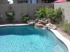 an empty pool with rocks and plants around it