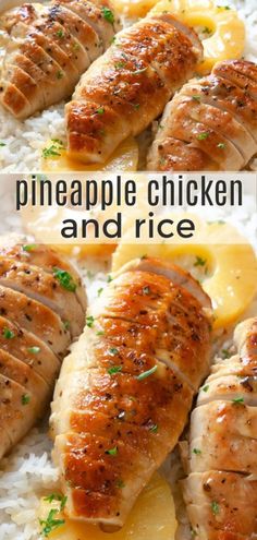 pineapple chicken and rice on a white plate with the words pineapple chicken and rice