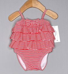 Red and white striped one-piece swimsuit from Janie and Jack in size 3-6 months Tiers of ruffles on the top half Bow trim on the front Fully lined UPF 50+ sun protection Nylon/spandex blend All brands are unique, so be sure to check the measurements below before purchasing. I combine shipping, so please visit my store if you're looking for more! Approximate measurements (done one side, laid flat): Full length: 13" Width under arms: 8" Red Ruffled Swimwear, White Summer One-piece With Ruffles, White Summer One Piece With Ruffles, White Ruffled One-piece For Summer, Red Ruffled Swimwear For Beach Season, White Ruffled Summer One-piece, White Ruffled Summer One Piece, Striped Ruffled Swimwear For Poolside, Cute Ruffled Swimwear For Vacation