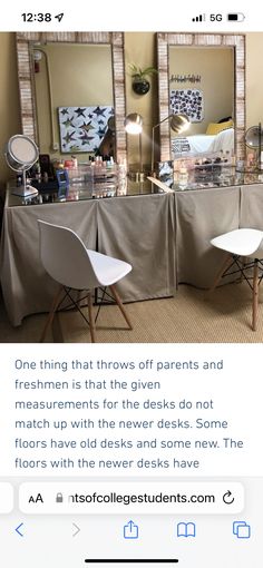 two chairs are sitting in front of a table with mirrors on it and the caption reads, one thing that throws off parents and