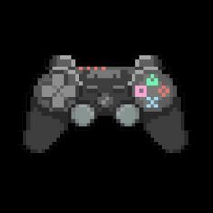 an old style video game controller in pixellated black and grey colors, with the buttons on