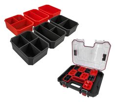 three black and red plastic trays with dividers in them, one is empty