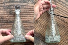 two pictures showing the process of making a glass bottle with silver filigrees