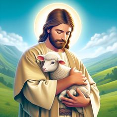 a painting of jesus holding a lamb in his arms