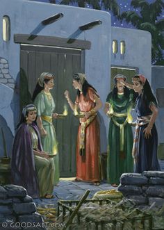 a painting of three women standing in front of a door with lights on them and one woman holding a lit candle