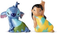 two ceramic figurines of disney characters, one in blue and the other in yellow