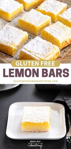 lemon bars with powdered sugar on top and the words gluten free lemon bars below