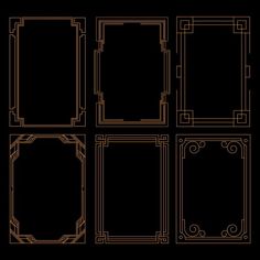 a set of golden art deco style frames on black background with copy space for text or image