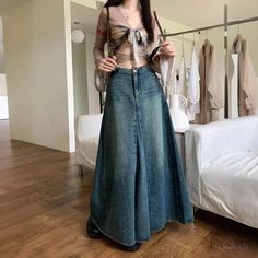 Lasaky - Genuine Vintage High-Waisted Denim Midi Skirt with Distressed Finish and Flared Hemline Midi Jean Skirt Outfits, Skirt Jeans Outfit, Long Jean Skirt Outfits, Maxi Jean Skirt, Midi Jean Skirt, Skirt Outfits Aesthetic, Flared Denim Skirt, High Waisted Jean Skirt, Jean Skirt Outfits