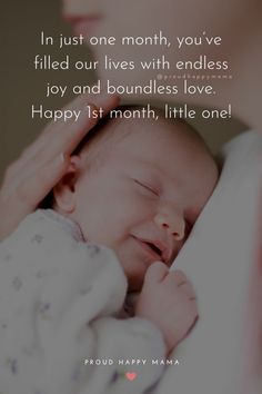 a woman holding a baby in her arms with the words happy 1st month on it