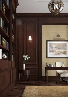 a living room with bookshelves, chairs and a desk in the middle of it