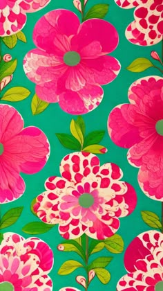 pink and green flowers on a turquoise background