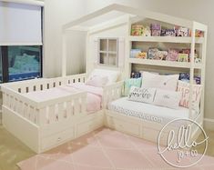 a child's room with a bed, book shelf and bookshelf in it