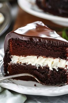 a piece of chocolate cake on a plate with a fork