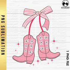 a pair of pink cowboy boots with flowers on them and a bow tied around the boot