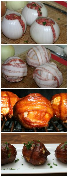 several different types of food are being cooked on the grill and placed on top of each other