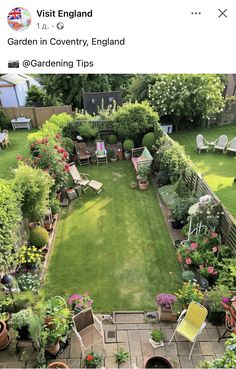 an aerial view of a garden with lots of flowers and lawn furniture in the middle