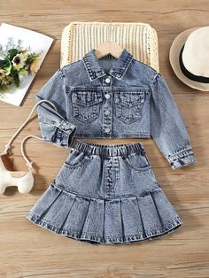 Young Girl Flap Pocket Denim Jacket & Ruffle Hem Skirt Medium Wash Casual  Long Sleeve  Plain  Non-Stretch  Young Girls Clothing, size features are:Bust: ,Length: ,Sleeve Length: Moda Denim, Ruffle Hem Skirt, Gaun Fashion, Cute Dress Outfits, Trendy Denim, Trendy Dress Outfits, Easy Trendy Outfits