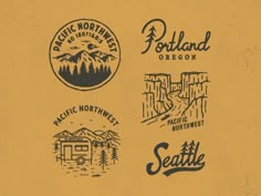 four different logos are shown on a yellow paper sheet that says portland, seattle, pacific northwest, seattle and seattle