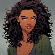 a woman with curly hair and green eyes