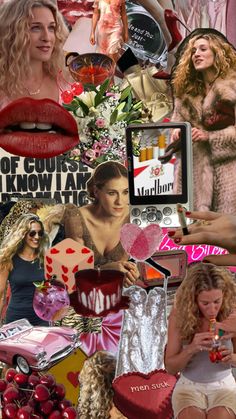 the collage has many different pictures and colors on it, including lipstick, hair, makeup