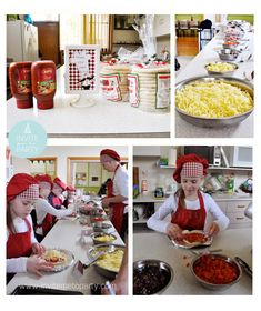 several pictures of people in red aprons making food at a table with other items