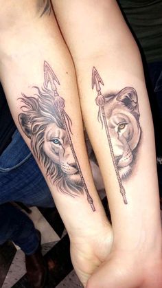 Him And Her Tattoos, Partner Tattoos, Lioness Tattoo, Couple Matching Tattoo, Cute Couple Tattoos, Couple Tattoos Unique, Couples Tattoo Designs, Queen Tattoo