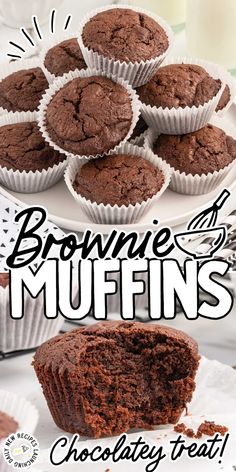 chocolate muffins are stacked on top of each other with the words brownie muffins above them