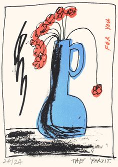 a blue vase with red flowers in it on a white tablecloth and black writing