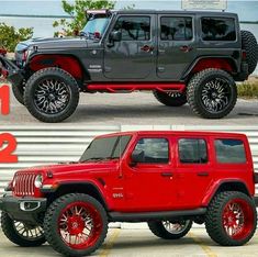 two pictures of the same jeep with red wheels and rims, one is black