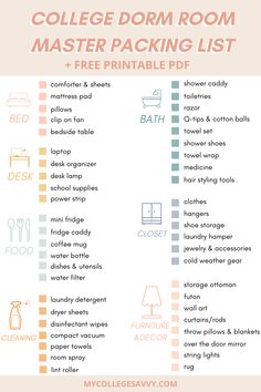 college dorm room master packing list and free printables for college dorm rooms checklist