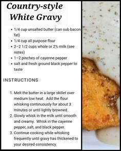 a recipe for country - style white gravy is shown in the bottom left corner