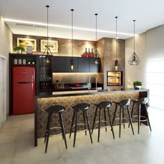 an image of a modern kitchen setting with bar stools in the foreground and red refrigerator