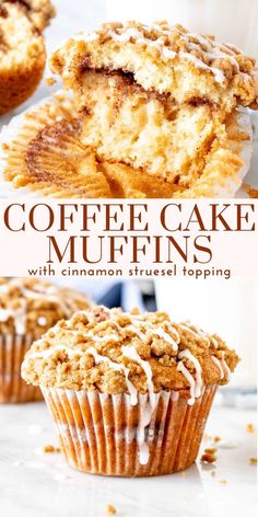 coffee cake muffins with cinnamon strudel topping on top and in the middle