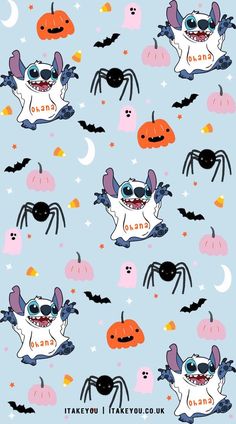 a blue background with halloween themed items and bats on it's sides, including an orange