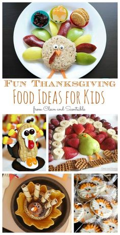 a collage of thanksgiving food ideas for kids