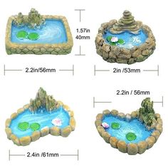 four different types of small pond with rocks