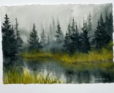 a watercolor painting of trees and grass near a body of water with fog in the background