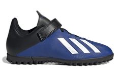 the adidas soccer shoe in blue and black with white stripes on the upper part