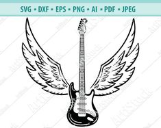 an electric guitar with wings on it and the words svg dxf eps png