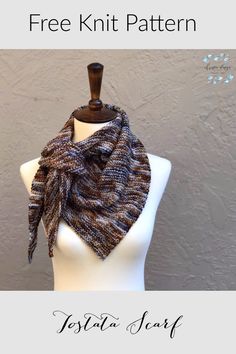 a white mannequin wearing a brown and black knitted scarf with text overlay that says free knitting pattern