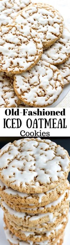 iced oatmeal cookies with white icing are stacked on top of each other