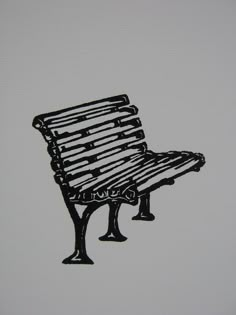 a black and white drawing of a park bench on a gray background with no people around it