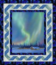 the aurora bore is visible in the sky over a cabin and snow covered field with pine trees