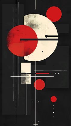 an abstract painting with red and white circles on black background, in the style of modern art